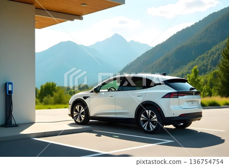 AI generated white Electric Car Charging Outdoors Near Mountains AI generated white Electric Car Charging Outdoors Near Mountains 136754754