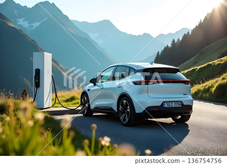 AI generated electric car charging on mountain road at sunset AI generated electric car charging on mountain road at sunset 136754756