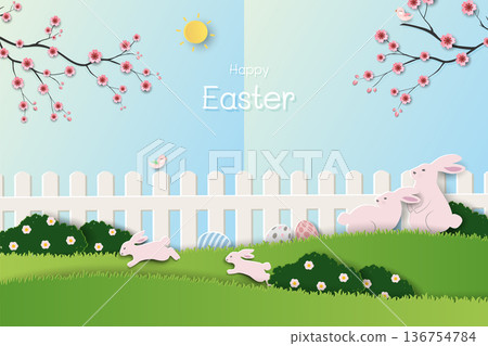 Happy Easter greeting card,Blooming flowers with cute rabbits family happy on spring garden Happy Easter greeting card,Blooming flowers with cute rabbits family happy on spring garden 136754784