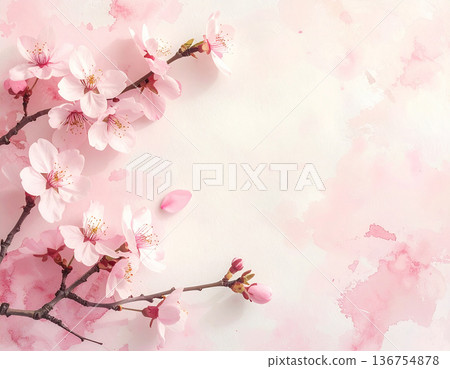 四月櫻花平鋪背景圖，春季圖片，留有文字空間 136754878
