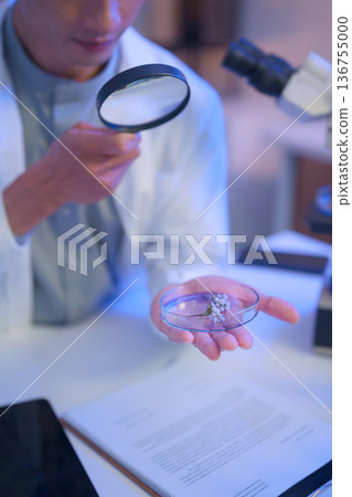 Laboratory workspace with microscope, green chemical solution, and research documents, representing modern scientific analysis and controlled experimentation. 136755000