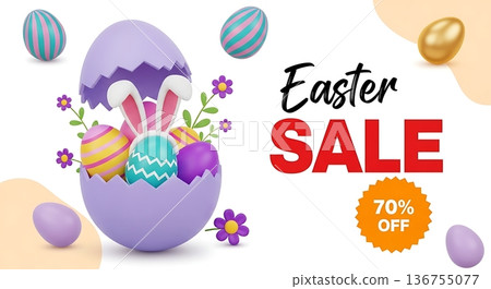 Cracked Easter egg with bunny ears and colorful eggs. Easter sale event celebration with discount offer. Holiday seasonal marketing promotion. 136755077