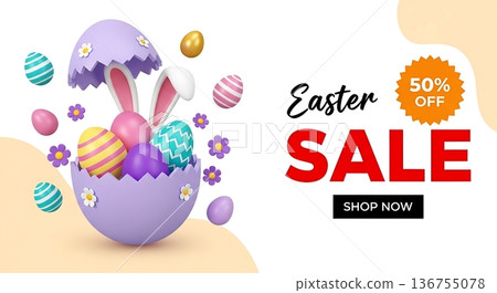 Cracked Easter egg with bunny ears and colorful eggs. Easter sale event celebration with discount offer. Holiday seasonal marketing promotion. 136755078
