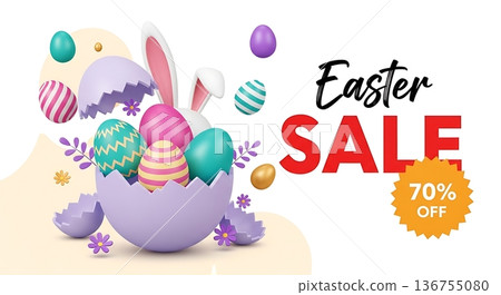 Cracked Easter egg with bunny ears and colorful eggs. Easter sale event celebration with discount offer. Holiday seasonal marketing promotion. 136755080