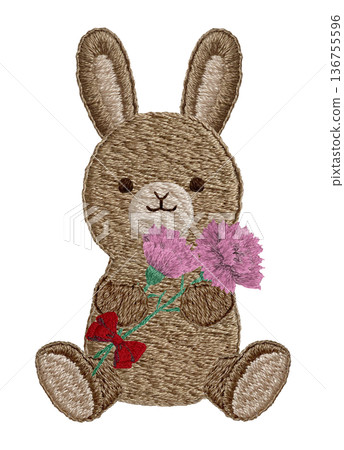 [Rabbit stuffed animal holding a carnation] Hand-embroidered illustration material 136755596