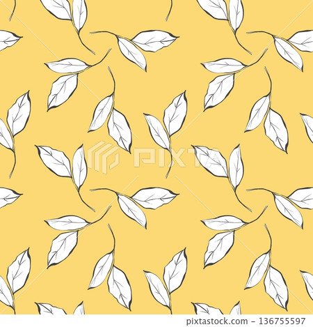 Hand drawn illustration of seamless pattern with simple white leaves and black outlines on vibrant yellow background 136755597