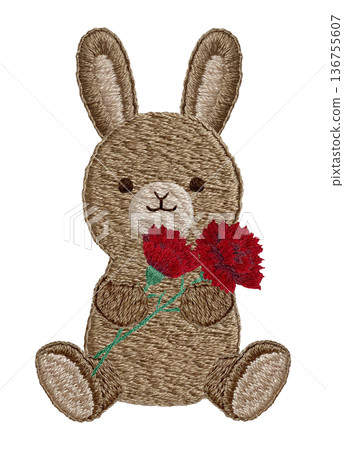 [Rabbit stuffed animal holding a carnation] Hand-embroidered illustration material 136755607