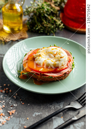 Bagel toast breakfast with poached egg Bagel toast breakfast with poached egg 136755642