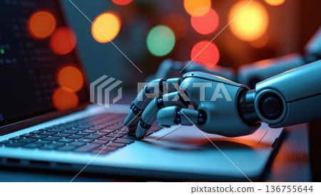 Futuristic Robot Hand Typing on Laptop Keyboard with Cinematic Bokeh Background, Artificial Intelligence and Automation Concept 136755644