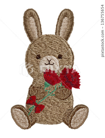 [兔子毛絨玩具手捧康乃馨] 手工刺繡插畫材料 136755654