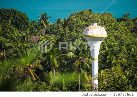 Water tower above tropical palm forest with turquoise sea in background, island utility infrastructure blending into lush coastal landscape under clear sky 136755661