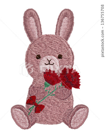 [兔子毛絨玩具手捧康乃馨] 手工刺繡插畫材料 136755708