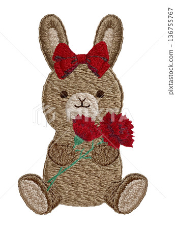 [Rabbit stuffed animal holding a carnation] Hand-embroidered illustration material 136755767