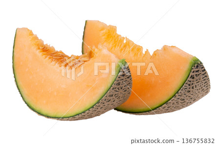 Orange melon or cantaloupe melon with seeds isolated on white background 136755832