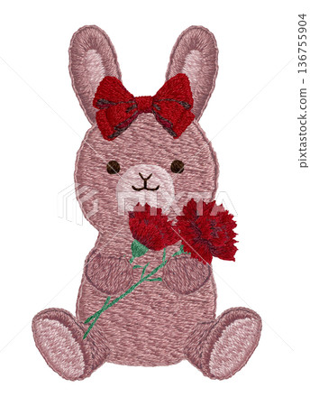 [Rabbit stuffed animal holding a carnation] Hand-embroidered illustration material 136755904