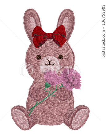 [Rabbit stuffed animal holding a carnation] Hand-embroidered illustration material 136755905