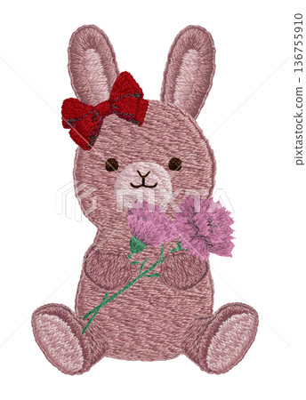 [Rabbit stuffed animal holding a carnation] Hand-embroidered illustration material 136755910