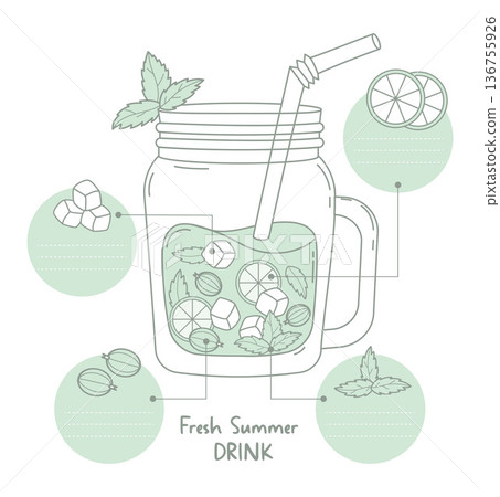 Fresh Summer Berry Fruit Drink Recipe Infographic in Mason Jar with Ingredients. Refreshing purple beverage with Currant Berries, Ice and Mint with Straw. Vector Illustration. Minimalistic Drawing 136755926