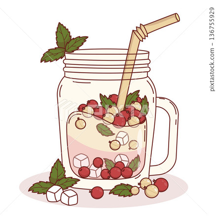 Layered Red and White Currant Smoothie in Mason Jar. Summer Healthy Vegan Berry Detox Drink with Berries, Mint, Eco Straw and Ice Cubes. Vector Illustration 136755929