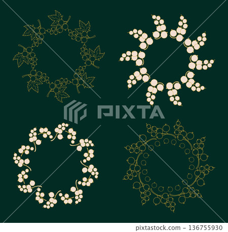 Golden Berry Currant Green Round Wreaths set. Line Art luxury Botanical Circle Frame with Branch Berries and Leaves with Empty Copy Space. Isolated Vector illustration 136755930