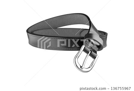 black Leather Belt with Silver Buckle on White Background 136755967