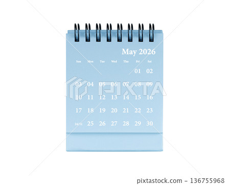 Desktop calendar for May 2026 in blue colour. Mini planner for business and finance, spiral view on isolated white background 136755968