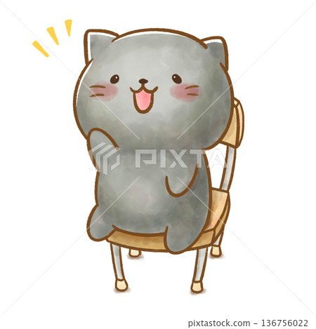 一隻黑貓坐在椅子上，愉快地回應。晨會和考勤。兒童教育素材。可愛的水彩素材，透明背景。 136756022