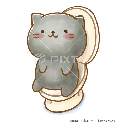 Watercolor illustration of a black cat's zoo life Cat defecating in the toilet Watercolor illustration of a black cat's zoo life Cat defecating in the toilet 136756024