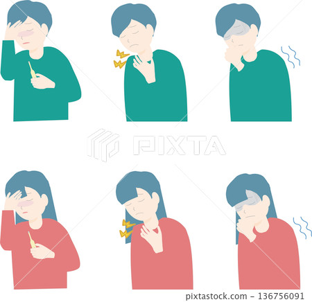Illustration set of men and women who are unwell with fever, chills, and sore throat Illustration set of men and women who are unwell with fever, chills, and sore throat 136756091