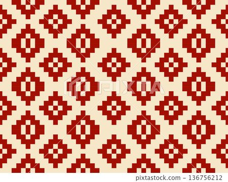 Red diamond geometric pixel art ethnic seamless pattern for fashion apparel, rugs, and vibrant traditional wallpaper. Red diamond geometric pixel art ethnic seamless pattern for fashion apparel, rugs, and vibrant traditional wallpaper. 136756212