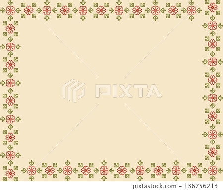 Floral cross stitch border pixel art for greeting cards, invitations, and digital scrapbooking frames. 136756213