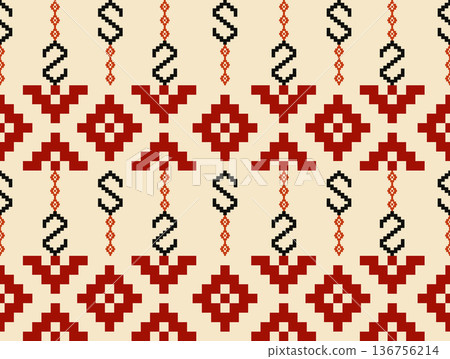 Mixed Tribal Ornament Pattern,Ethnic seamless pattern with red tribal motifs for wrapping paper, fabric, and boho-style decor. Mixed Tribal Ornament Pattern,Ethnic seamless pattern with red tribal motifs for wrapping paper, fabric, and boho-style decor. 136756214