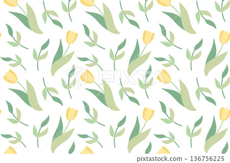 Seamless pattern with yellow tulips and green branches. Spring and summer design with delicate flowers. Green plant motif is suitable for decorating fabric, cards, and typography. Seamless pattern with yellow tulips and green branches. Spring and summer design with delicate flowers. Green plant motif is suitable for decorating fabric, cards, and typography. 136756225