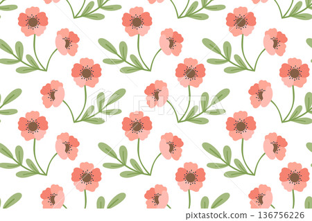 Seamless pattern with red flowers and green leaves. Spring and summer design with vibrant colors. Green botanical motif is perfect for fabric, cards, and typography. Seamless pattern with red flowers and green leaves. Spring and summer design with vibrant colors. Green botanical motif is perfect for fabric, cards, and typography. 136756226