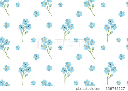 Seamless pattern with blue flowers. Spring and summer design featuring delicate forget-me-nots. Green plant motif is perfect for decorating fabric, cards, and typography. Seamless pattern with blue flowers. Spring and summer design featuring delicate forget-me-nots. Green plant motif is perfect for decorating fabric, cards, and typography. 136756227