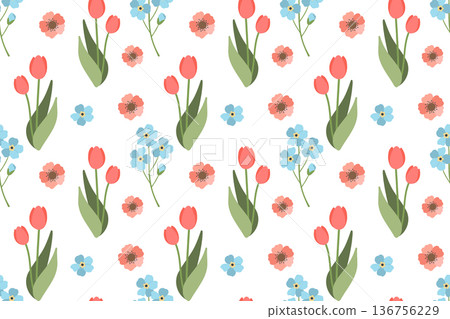 Seamless pattern with blue flowers and red tulips. Spring and summer design with delicate forget-me-nots. Green plant motif is suitable for fabric, greeting cards, and typography. Seamless pattern with blue flowers and red tulips. Spring and summer design with delicate forget-me-nots. Green plant motif is suitable for fabric, greeting cards, and typography. 136756229
