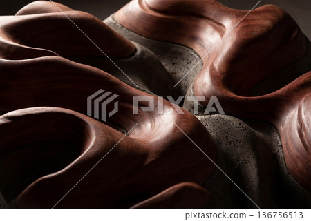 Abstract sculpture with flowing dark wood and rough concrete textures 136756513