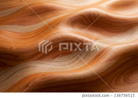 Detailed view of flowing wooden texture with wavy grain patterns and warm tones 136756515