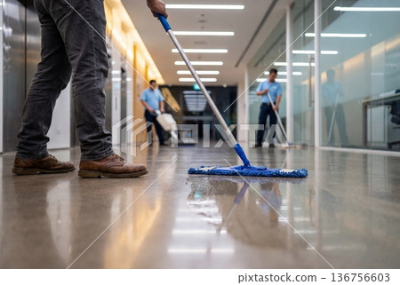 Low angle view of cleaning crew mopping and buffing a wet polished floor in modern office hallway 136756603