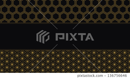 Gold geometric pattern frame (tortoiseshell and hemp leaf) on black background, Japanese modern background in reverse arrangement 136756646