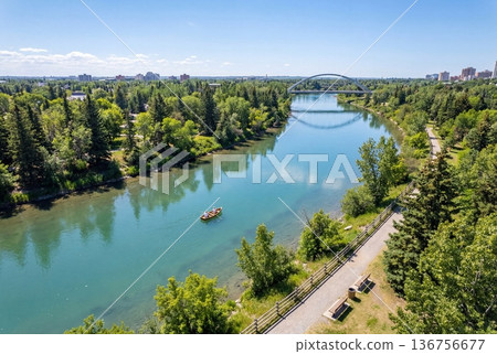 Aerial view of rowers in a boat on the north saskatchewan river in edmonton near walterdale bridge 136756677