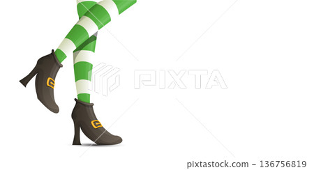 Leprechaun girl legs in green striped stockings and buckled boots, St. Patricks Day horizontal banner with copy space on white background. leprechaun elf s legs wearing green and white striped tights Leprechaun girl legs in green striped stockings and buckled boots, St. Patricks Day horizontal banner with copy space on white background. leprechaun elf s legs wearing green and white striped tights 136756819