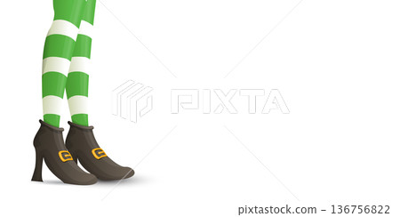 Leprechaun girl legs in green striped stockings and buckled boots, St. Patricks Day horizontal banner with copy space on white background. leprechaun elf s legs wearing green and white striped tights 136756822