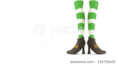 Leprechaun girl legs in green striped stockings and buckled boots, St. Patricks Day horizontal banner with copy space on white background. leprechaun elf s legs wearing green and white striped tights Leprechaun girl legs in green striped stockings and buckled boots, St. Patricks Day horizontal banner with copy space on white background. leprechaun elf s legs wearing green and white striped tights 136756828