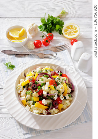 Greek cauliflower salad with feta cheese top view Greek cauliflower salad with feta cheese top view 136756920