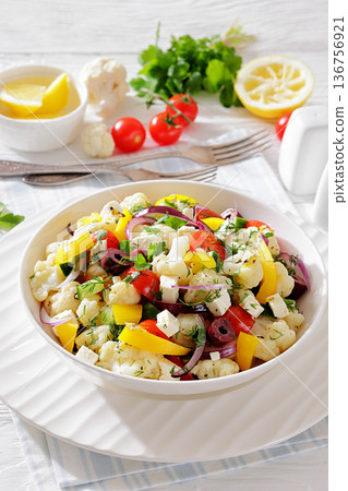 Greek cauliflower salad with feta cheese top view 136756921