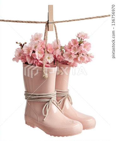 Spring transition concept with rain boots filled with cherry blossoms 136756970