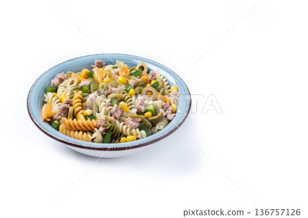 Pasta salad with tuna, corn and olives in bowl Pasta salad with tuna, corn and olives in bowl 136757126
