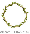 Floral frame for congratulatory text made of jute with green leaves. Round shape 136757189