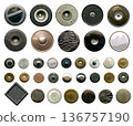 Set of different metal buttons and rivets. Vintage fushion accessories close-up isolated on a white background. Denim culcure modern style 136757190